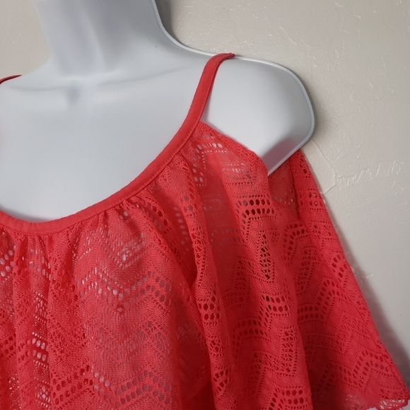 Miken Swim Women's Small Coral Pink Cold Shoulder Lace Swim Cover Up Beach Lake - Picture 4 of 8